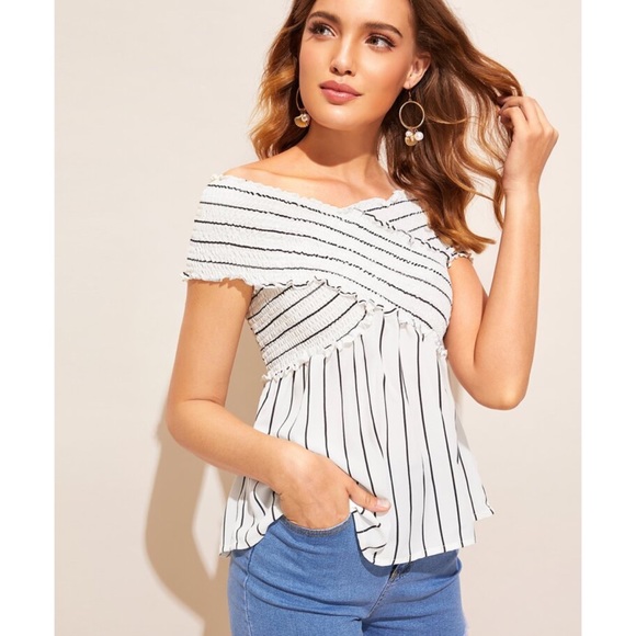 SHEIN Tops - shein striped cross wrap shirred OTS top